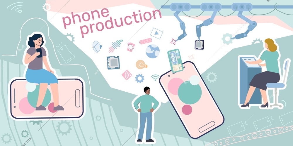 Phone production composition with collage of flat isolated icons gear pictograms smartphone assembly lines human characters vector illustration