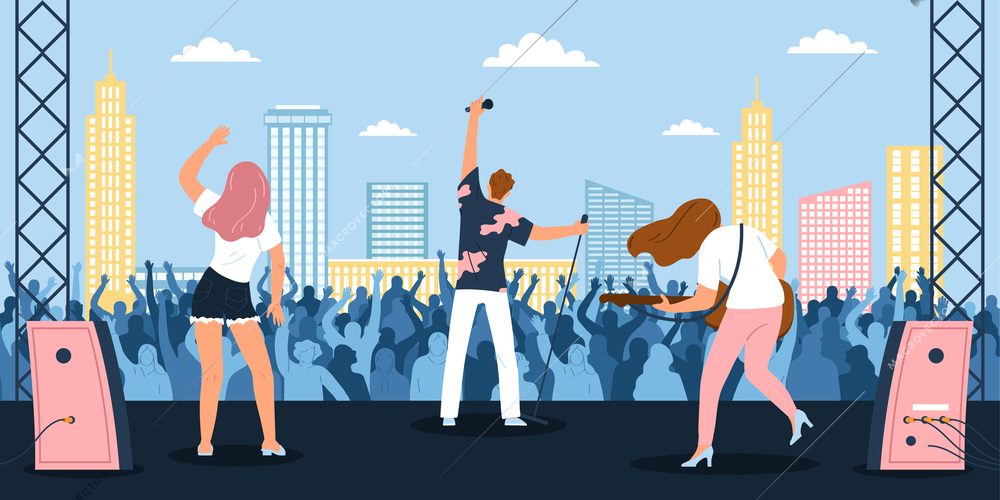 Open air festival flat concept with music band playing in front of audience vector illustration