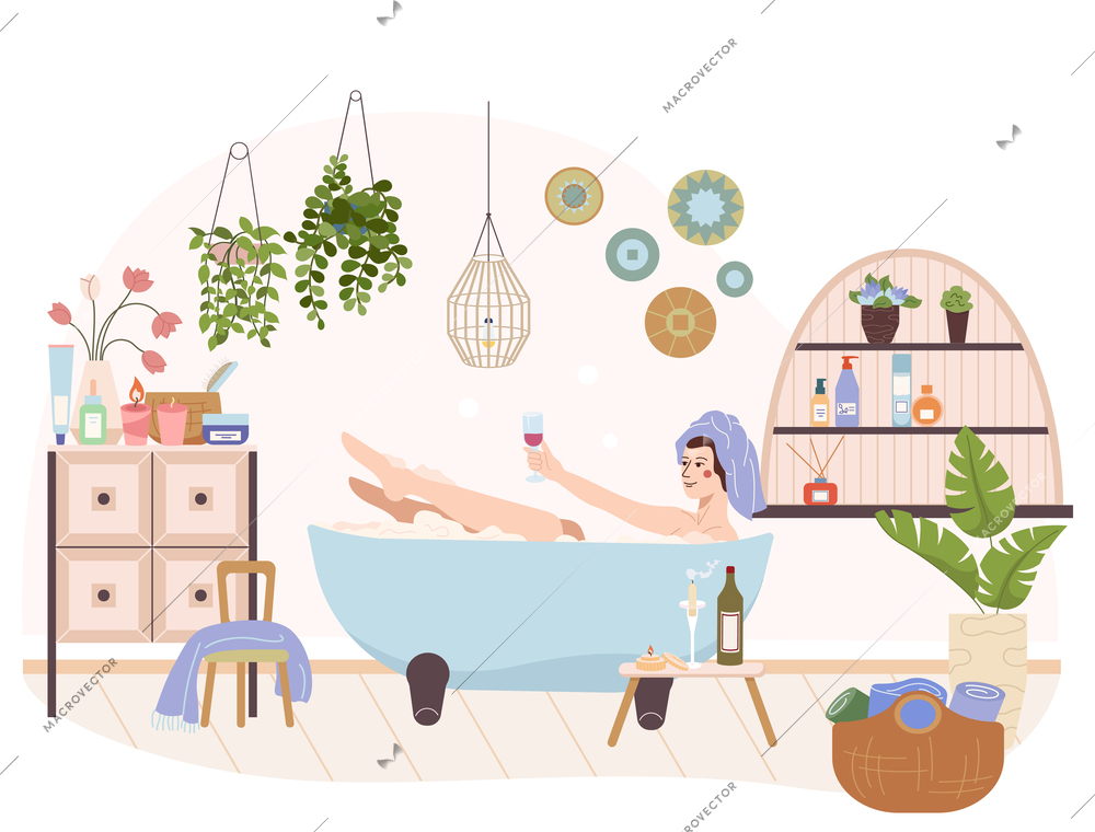 Self care concept with bath and wine symbols flat vector illustration