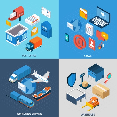 Mail design concept set with post office e-mail worldwide delivery and warehouse isometric icons isolated vector illustration