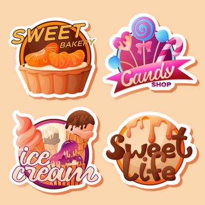 Cartoon set of emblems for candy shop with sweet bakery ice cream lollipops and biscuits isolated vector illustration