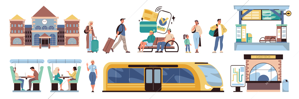 Railway station flat icons set with passengers and train wagon isolated vector illustration