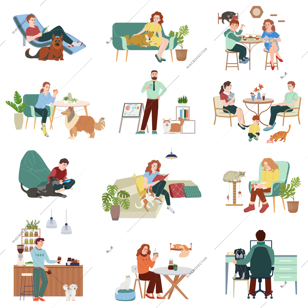 Pet friendly interior icons set with cafe symbols flat isolated vector illustration