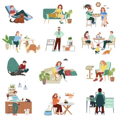 Pet friendly interior icons set with cafe symbols flat isolated vector illustration