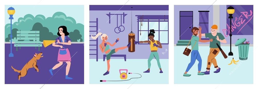 Self defence set of square compositions with park gym and backstreet sceneries fighting people and dog vector illustration