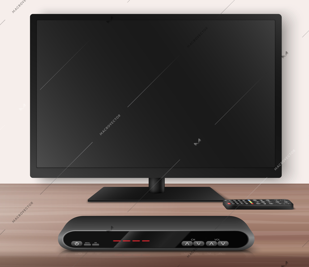 Modern smart TV receiver with setup box lcd screen and remote controller realistic vector illustration