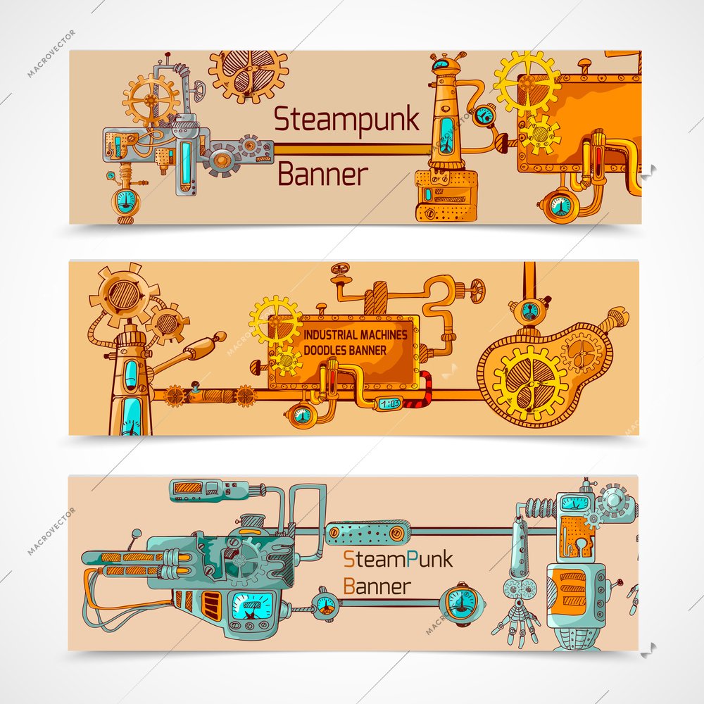 Steampunk horizontal banner set with engineer robotic machinery elements isolated vector illustration