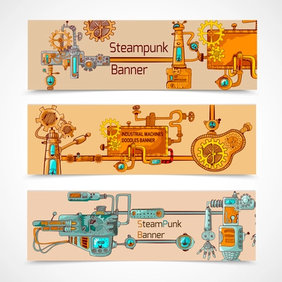 Steampunk horizontal banner set with engineer robotic machinery elements isolated vector illustration