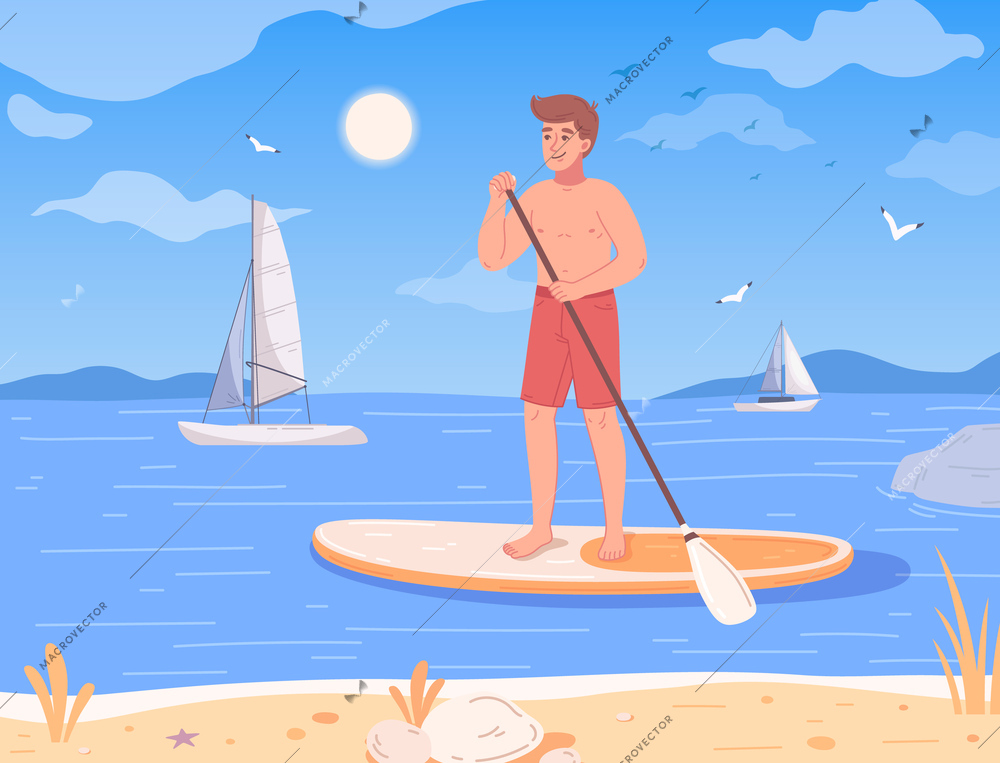 Beach activities flat cartoon with man surfing on sup board vector illustration