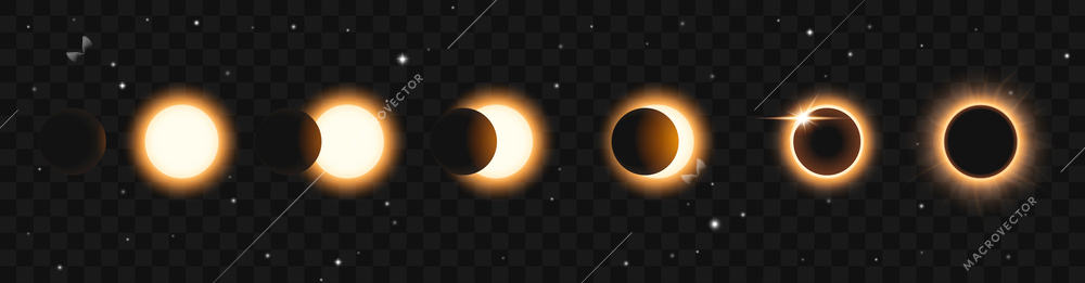 Eclipse stages realistic poster with sun and moon in different positions vector illustration