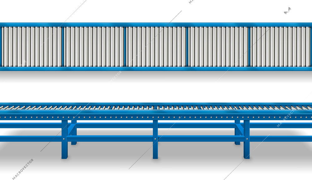 Conveyor belt realistic set with side and top view of blue metal automation line isolated vector illustration