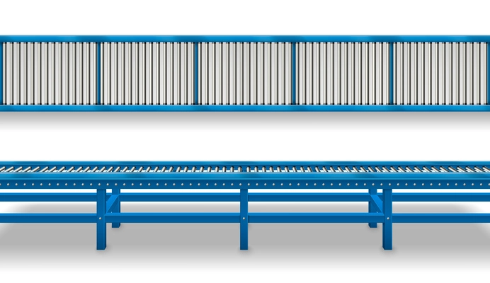 Conveyor belt realistic set with side and top view of blue metal automation line isolated vector illustration