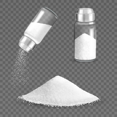 Realistic salt shaker set with transparent background and isolated images of salt cellar and powder pile vector illustration