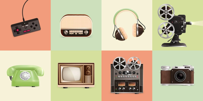 Set with eight retro vintage electronics gadgets square compositions with realistic icons of old fashioned gear vector illustration