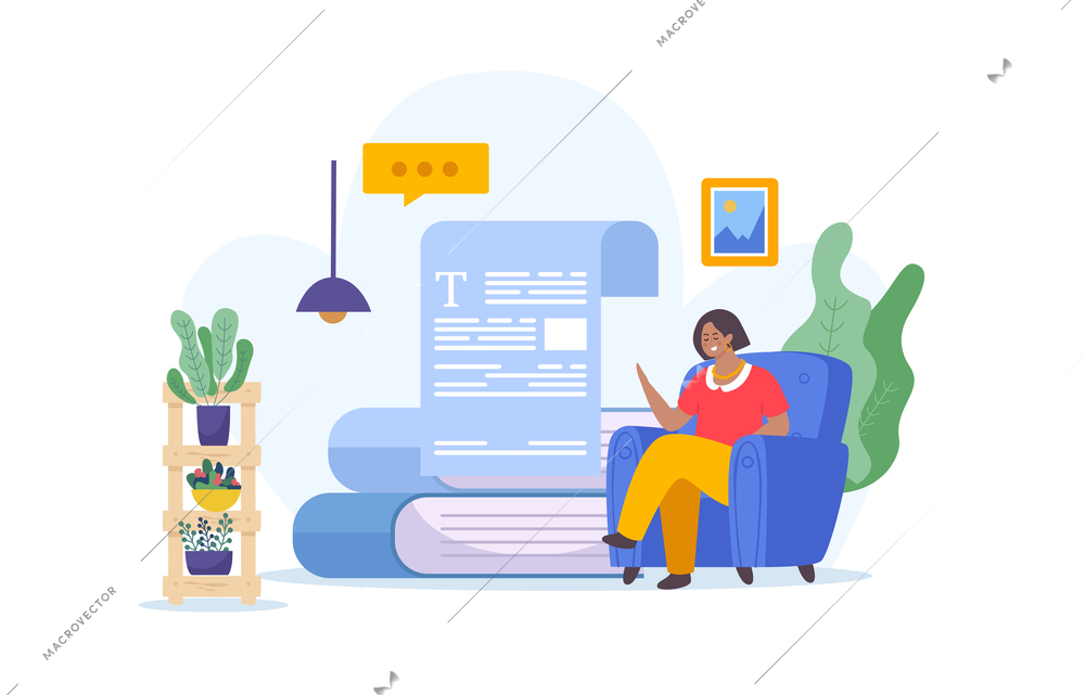 Writer flat background composition with living room scenery interior elements and female writer sitting in armchair vector illustration