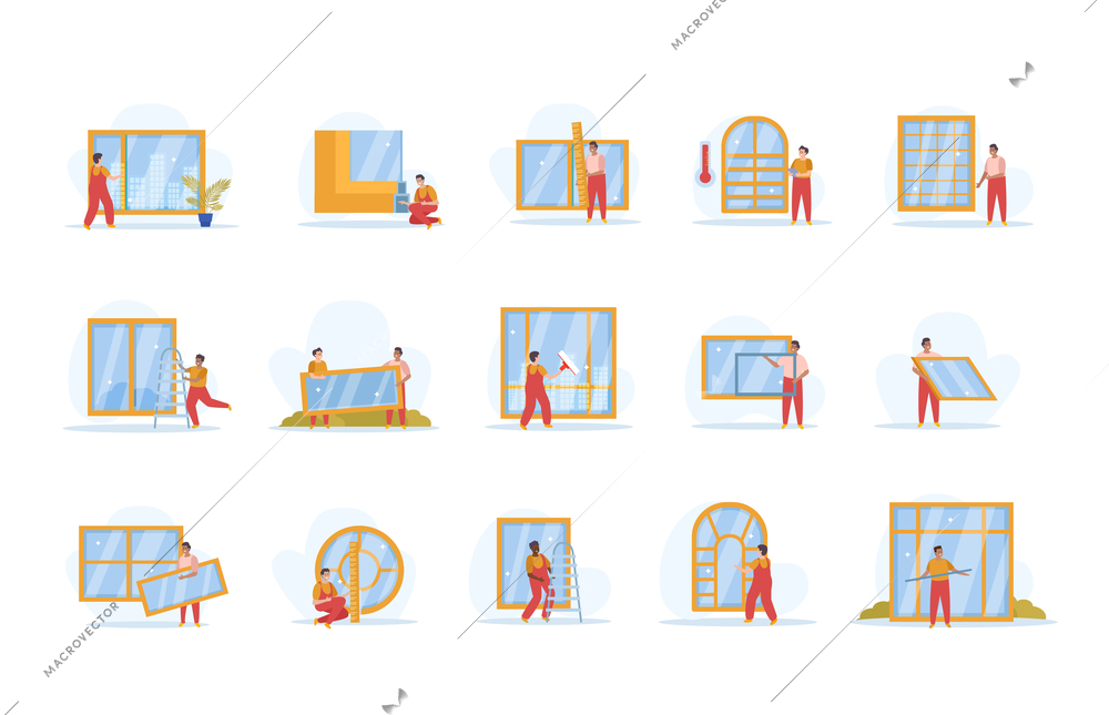 Plastic windows set with flat isolated icons of renovation workers installing new windows on blank background vector illustration