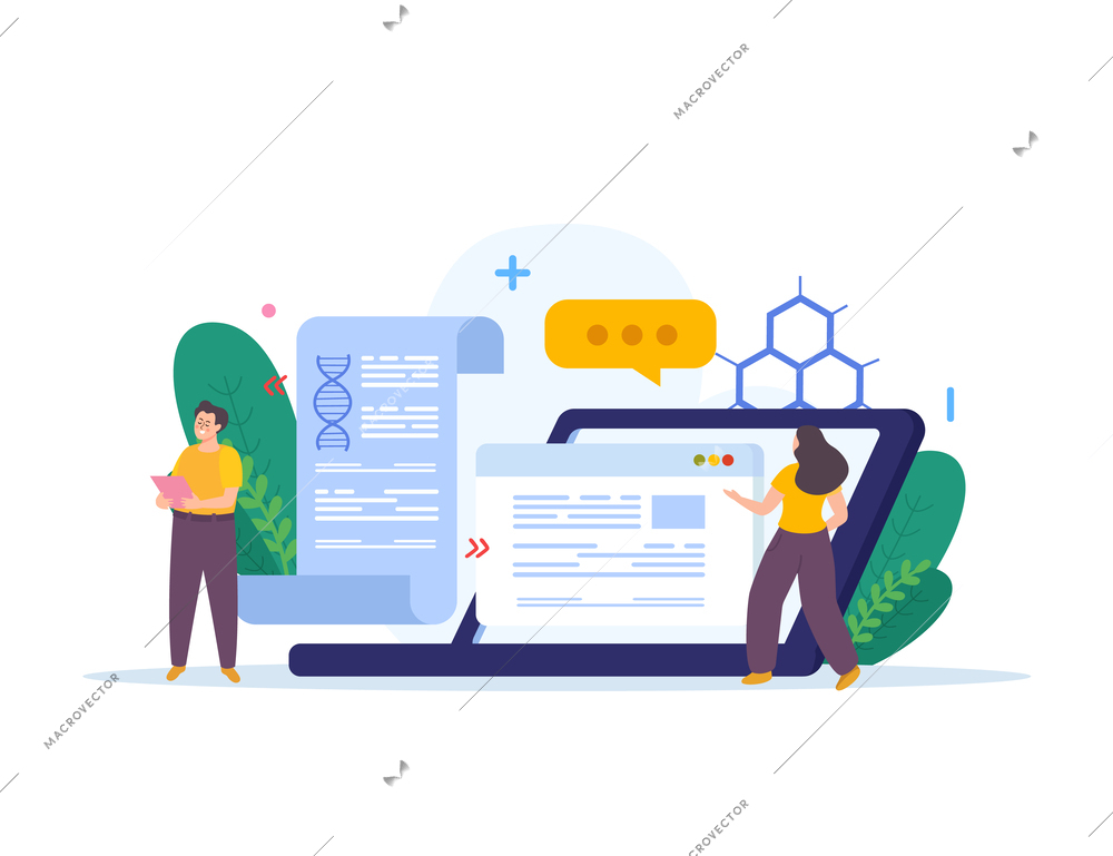 Scientific articles writing flat background composition with laptop windows dna structure and doodle style human characters vector illustration