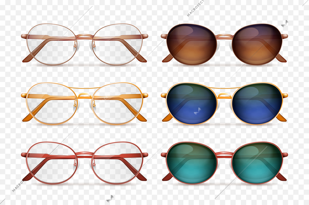 Realistic set of classic glasses and sunglasses with colored lenses transparent background isolated vector illustration