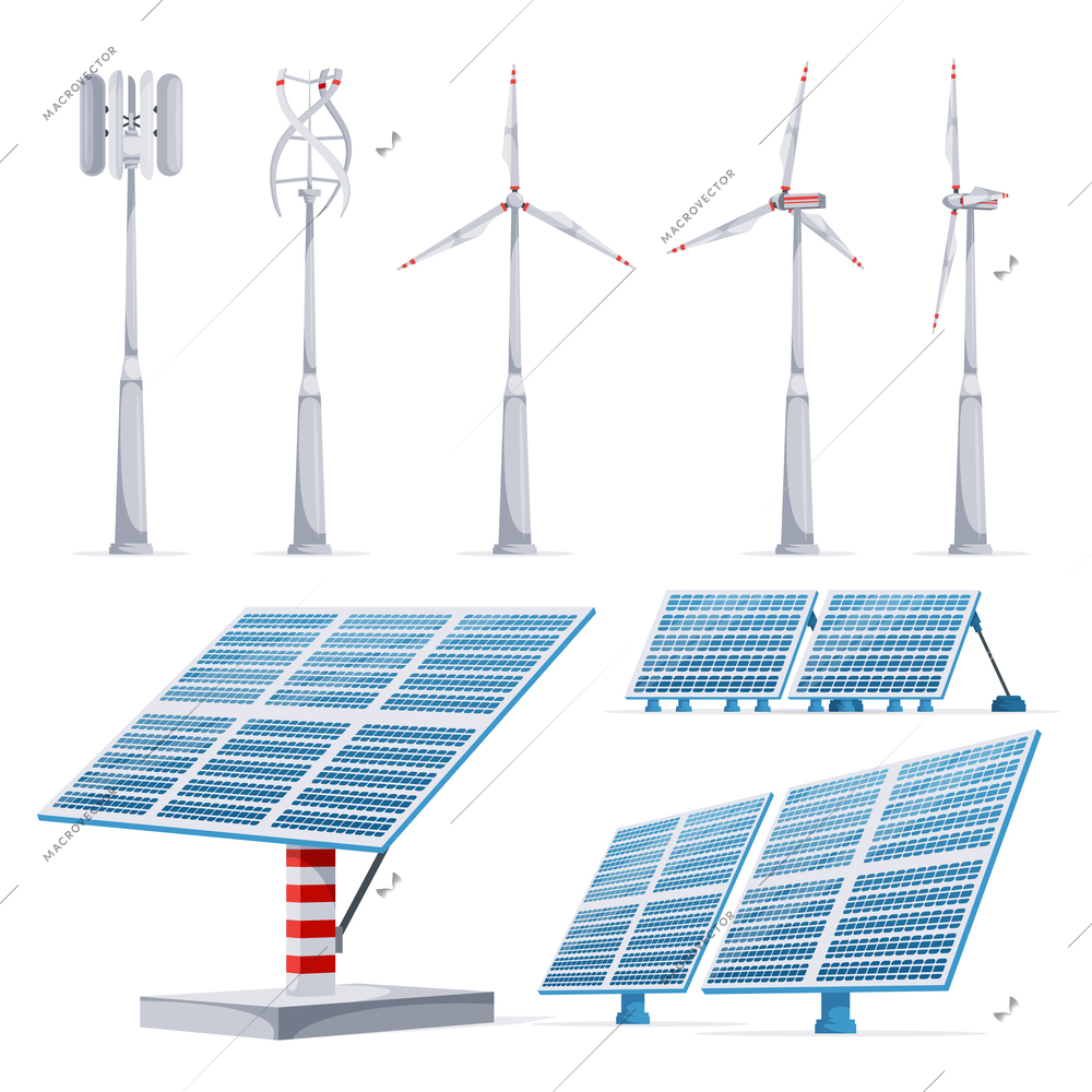 Ecology green energy realistic set with wind turbines and solar panels isolated vector illustration