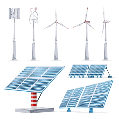 Ecology green energy realistic set with wind turbines and solar panels isolated vector illustration