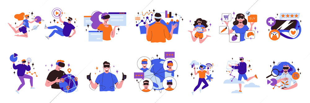 Cyberspace flat icons set with people using vr technologies isolated vector illustration