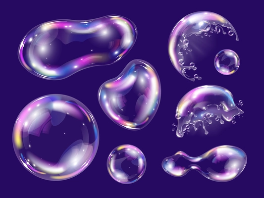 Realistic soap foam bubbles set on dark background isolated vector illustration