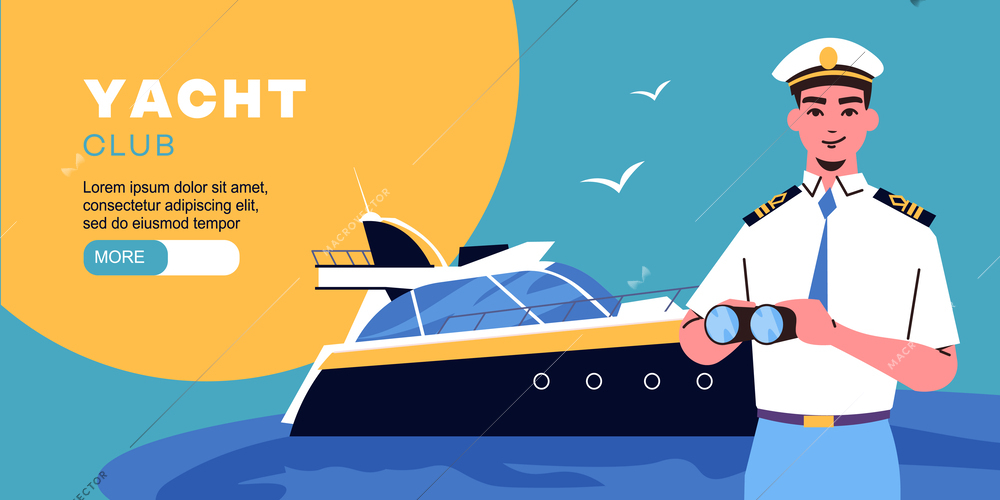 Ship captain flat concept with male officer and yacht on background vector illustration