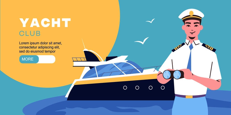 Ship captain flat concept with male officer and yacht on background vector illustration