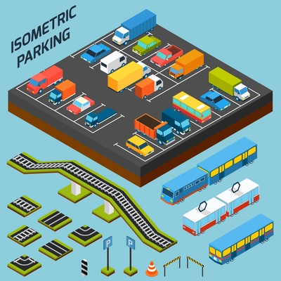 Isometric parking with 3d cars trucks and and buses elements isolated vector illustration