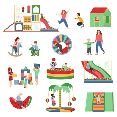 Kids indoors playground elements flat icons set of ball pool slide trampoline carousels isolated vector illustration