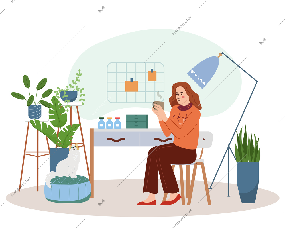 Cozy home interior with green plants fluffy cat and woman drinking coffee flat cartoon vector illustration