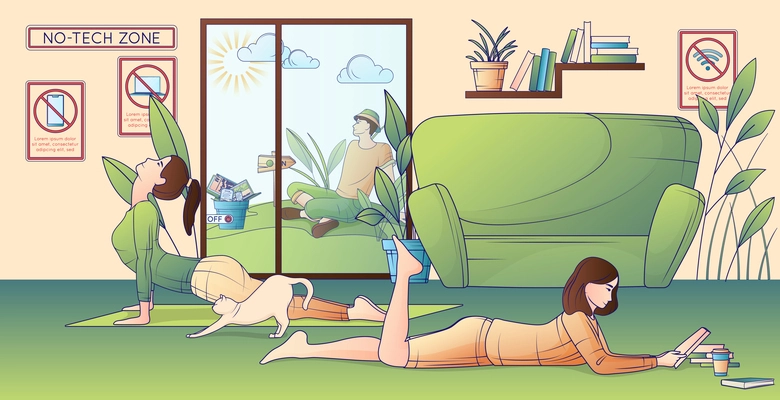 Digital detoxing flat line composition with indoor view of home interior with women reading doing yoga vector illustration