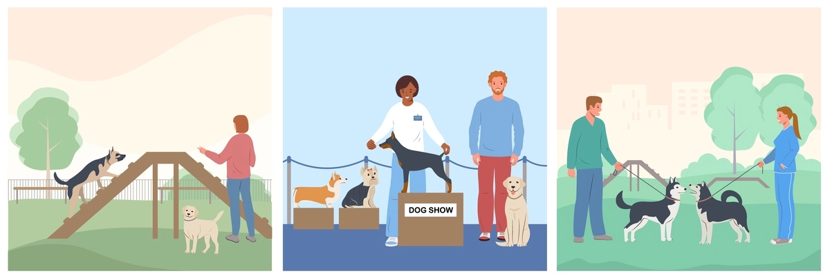 Dog breeder business flat set of square compositions with people and pets on park outdoor playground vector illustration