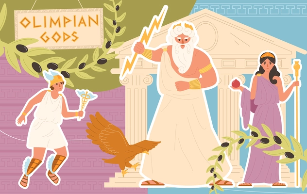 Olympic gods flat collage with ancient greek deities vector illustration