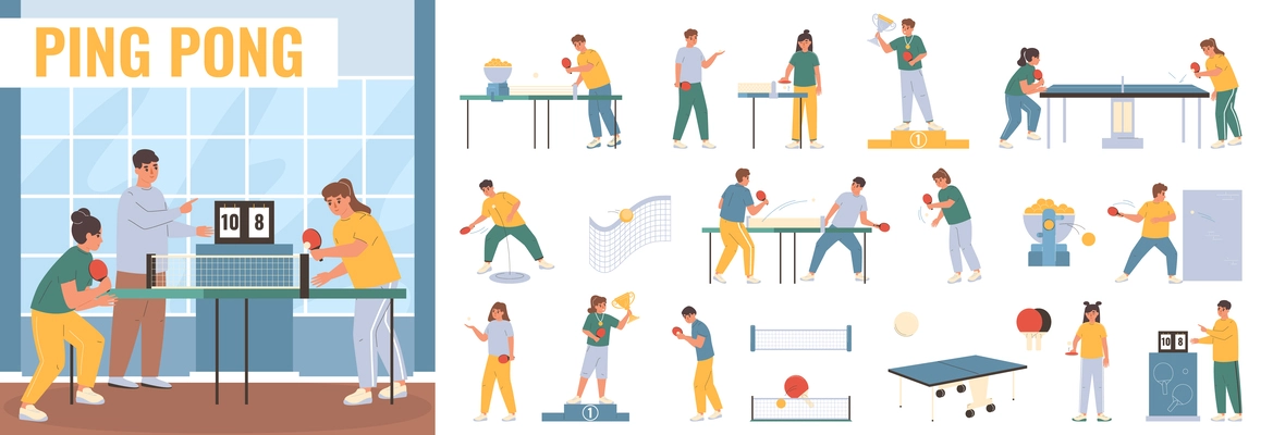 Ping pong flat icons set with people playing table tennis isolated vector illustration
