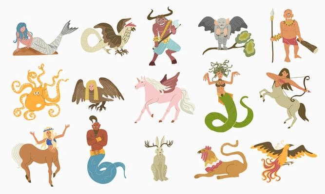 Mythical creatures flat set with isolated doodle style images of ancient fairytale fantasies on blank background vector illustration