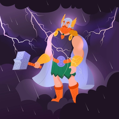 Norse god composition of rainy clouds background with thunderstorms and cartoon style character of mythical god vector illustration