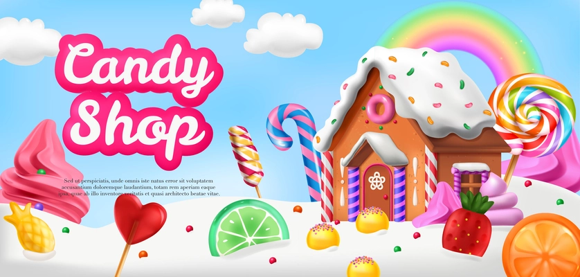 Candy shop horizontal cartoon colorful ad poster decorated with gingerbread house and sweets realistic vector illustration