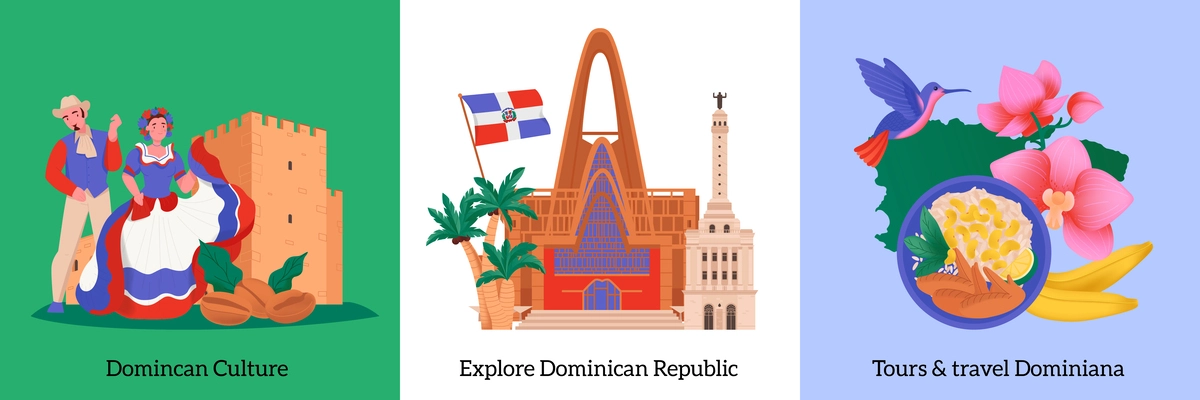 Dominican republic design concept set of three square compositions depicting flora fauna cuisine culture of south island vector illustration