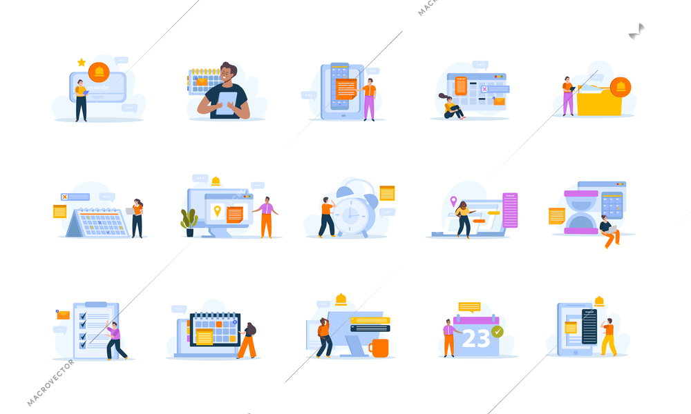 Set with isolated event planning compositions on blank background with people to do lists calendars documents vector illustration