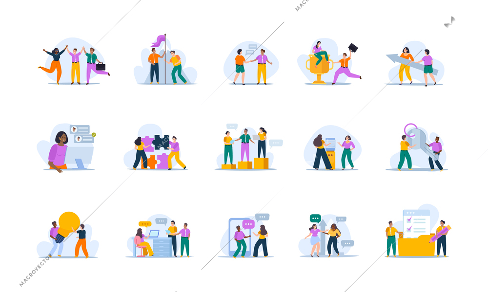 Corporate culture set of isolated compositions on blank background with doodle characters of coworkers and icons vector illustration