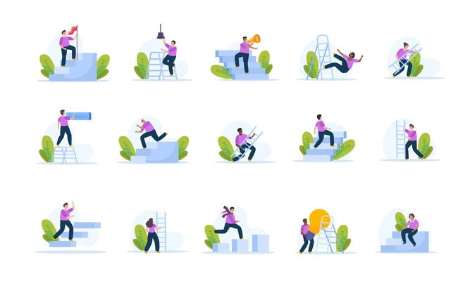 Man with ladder set of flat isolated icons with human characters and stairs on blank background vector illustration