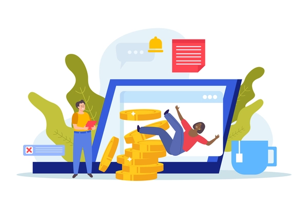 Financial instability flat icons composition on blank background with doodle people falling from stack of coins vector illustration