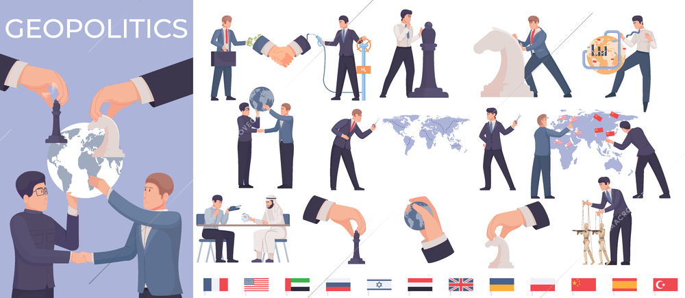 Geopolitics flat composition with human persons participating in conclusion of contracts for arms and oil trade and settlement of relations between countries vector illustration