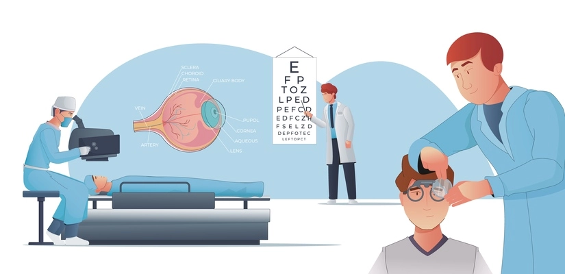 Vision correction flat illustration with ophthalmologists checking sight selecting lenses for glasses performing laser surgery vector illustration
