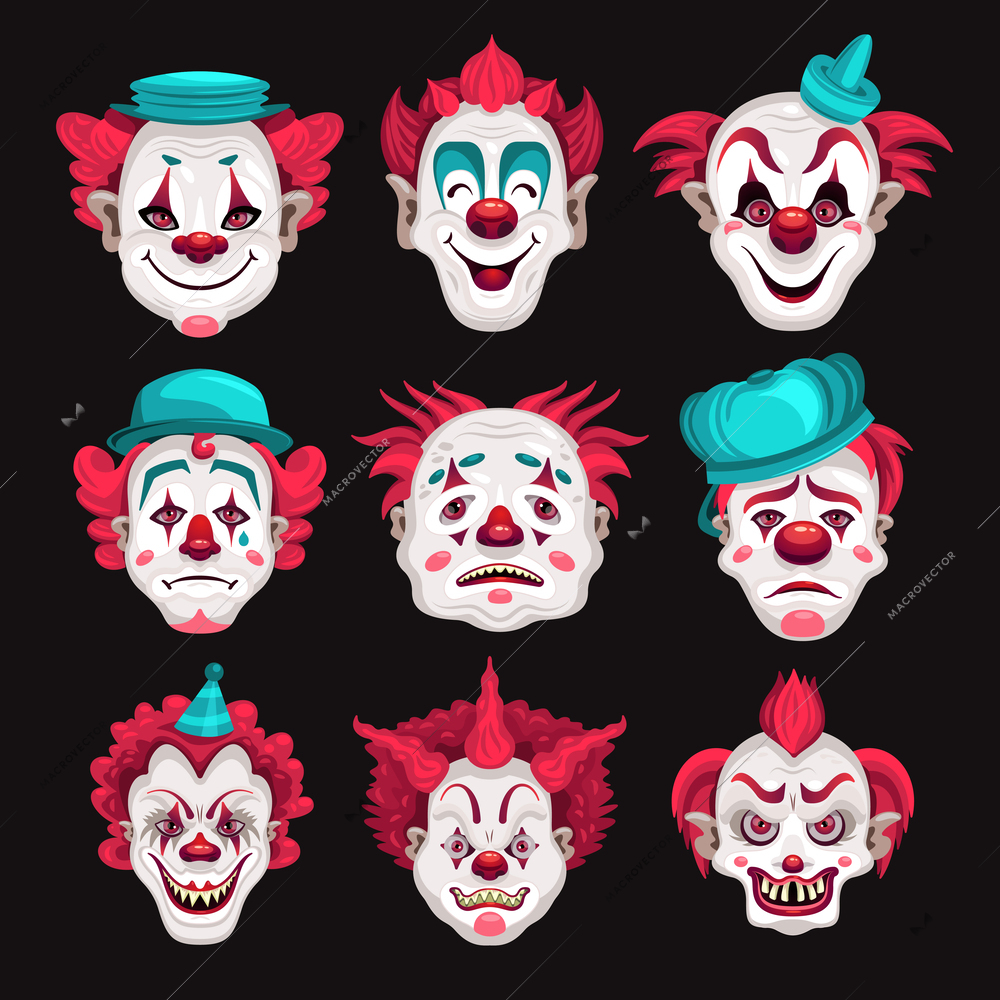 Set with isolated clowns faces with cartoon style images red hair funny hats on black background vector illustration