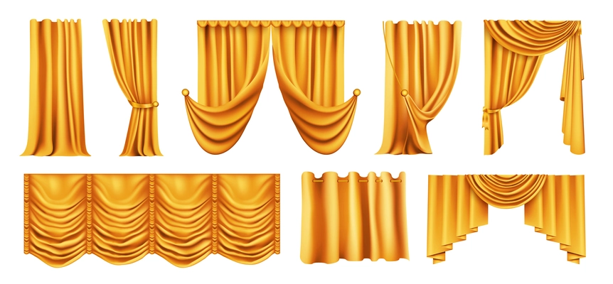 Realistic curtains gold set with isolated images of hanging curtain fabric with wrinkles on blank background vector illustration