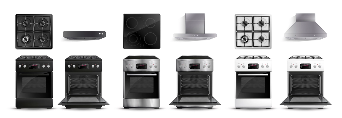 Realistic stove cooker hoot set with isolated images of overhead kitchen ranges ovens and gas stove vector illustration