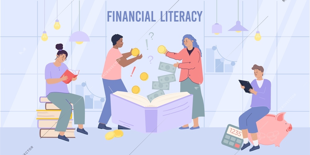 People reading books and using calculator to boost financial literacy flat vector illustration