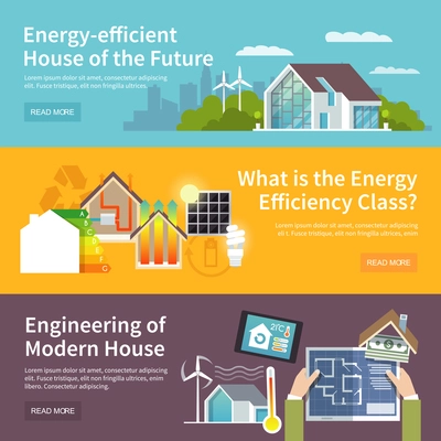 Energy saving house horizontal banner set with temperature control system elements isolated vector illustration